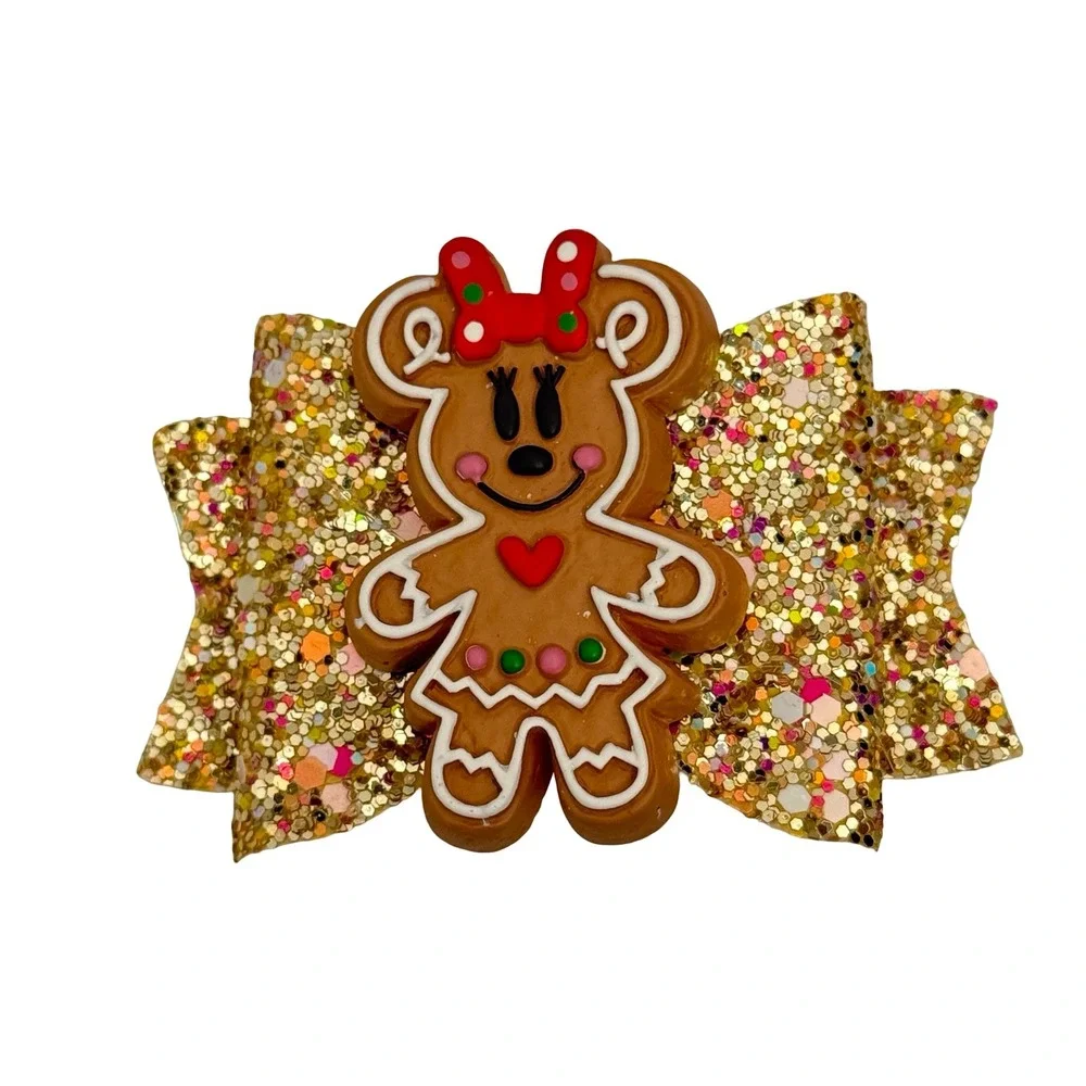 Klass Christmas Gingerbread Minnie Mouse Inspired Gold Glitter Hair Bow Clip NEW